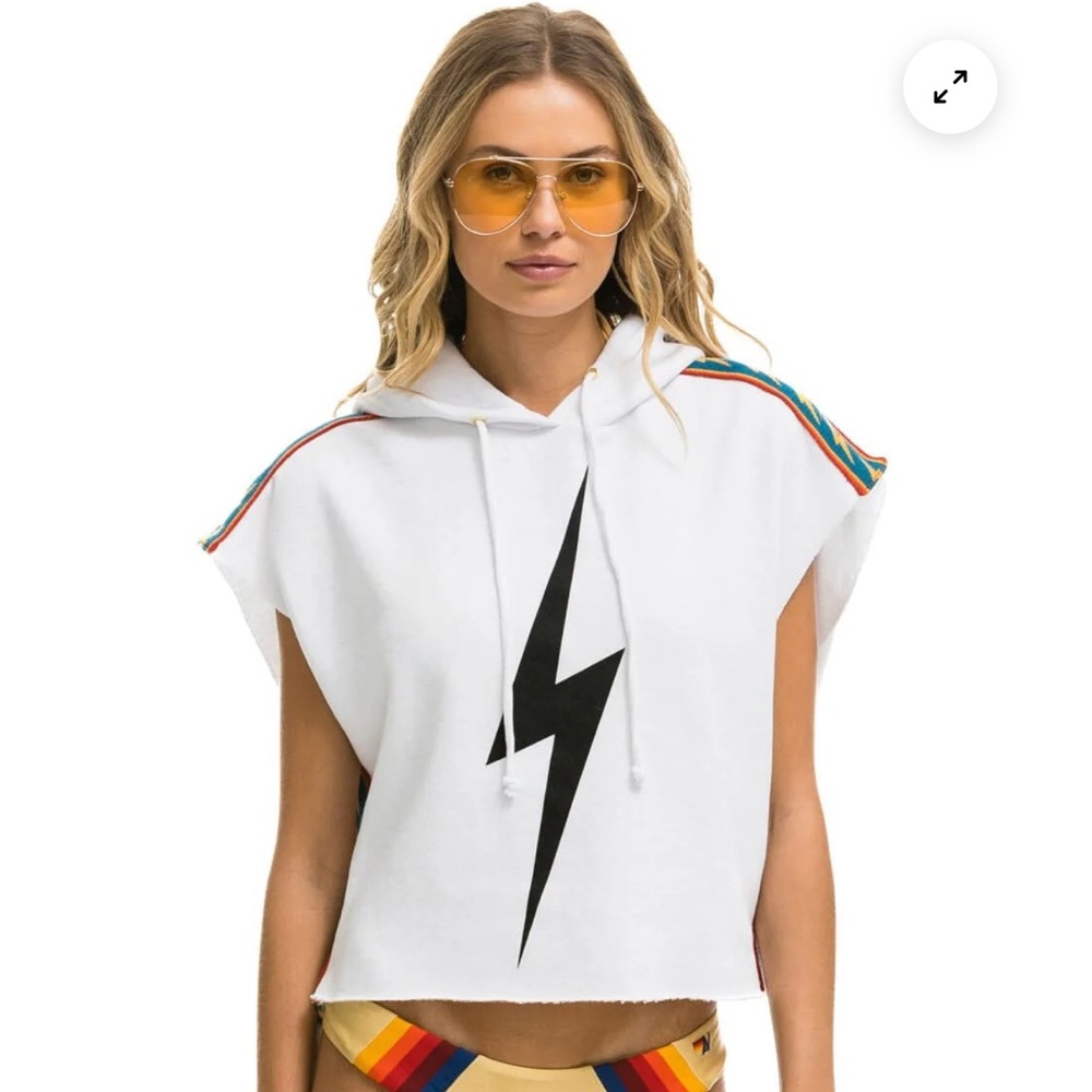 Aviator Nation BOLT STRIPE SLEEVELESS RELAXED CROPPED PULLOVER HOODIE - WHITE - Picture 5 of 5